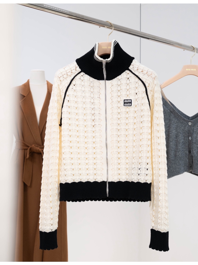 Miu Miu Scalloped Pointelle Knit Zip-Up Jacket in Cream