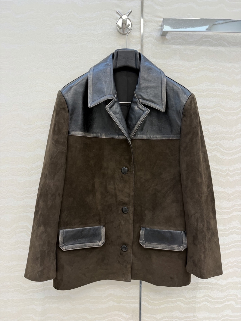 Miu Miu Suede Lambskin and Oil-Waxed Leather Patchwork Oversized Jacket in Chocolate Brown