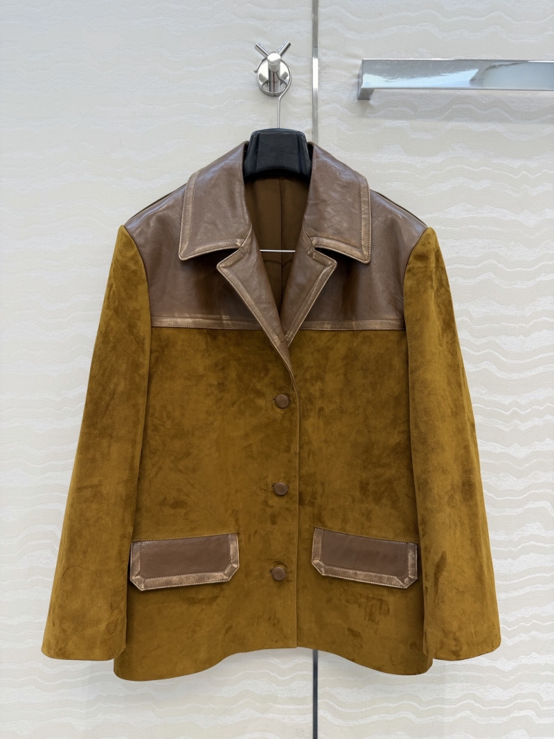 Miu Miu Suede Lambskin & Oil-Wax Leather Oversized Vintage Jacket in Caramel Brown