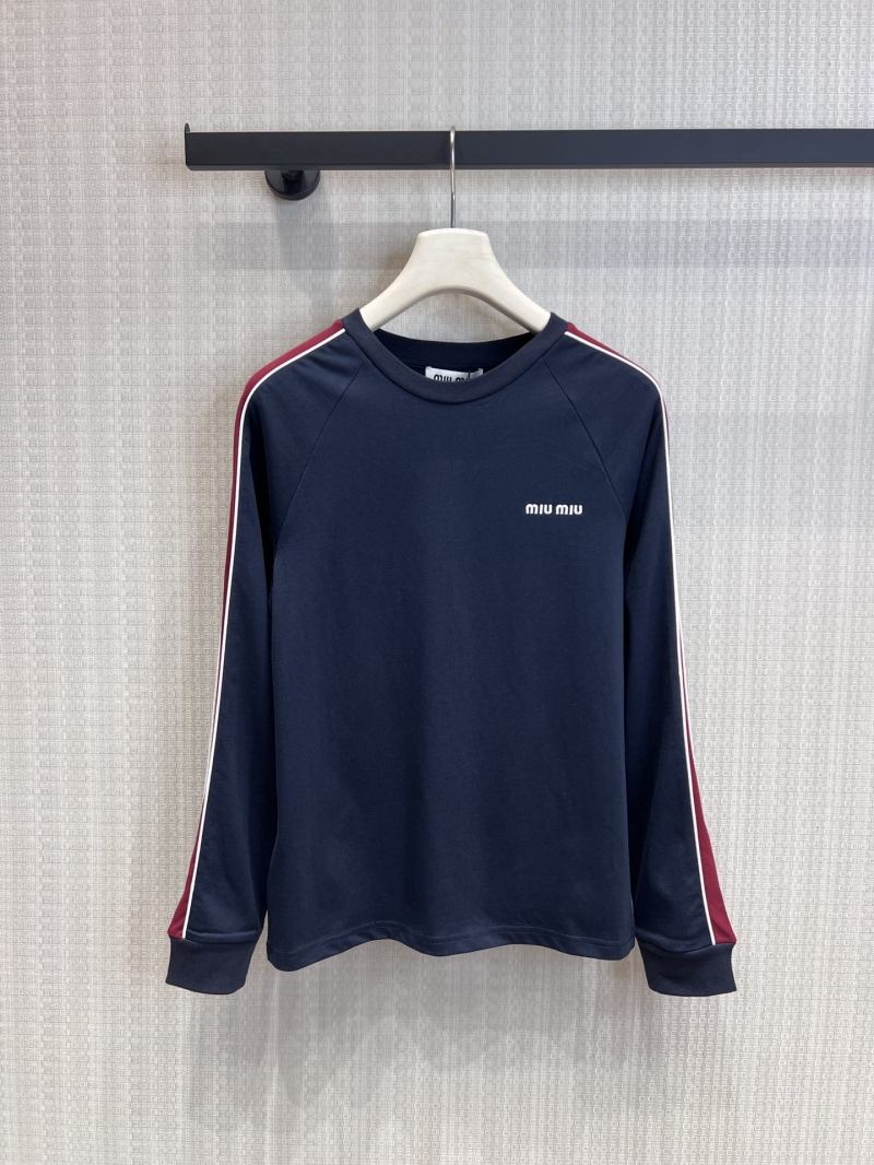 Miu Miu Logo Embroidered Contrast Raglan Sleeve Long-Sleeved T-Shirt in Navy Blue