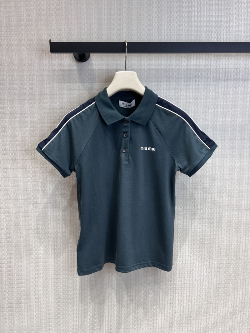 Miu Miu Dark Forest Green Striped Raglan Polo Shirt
