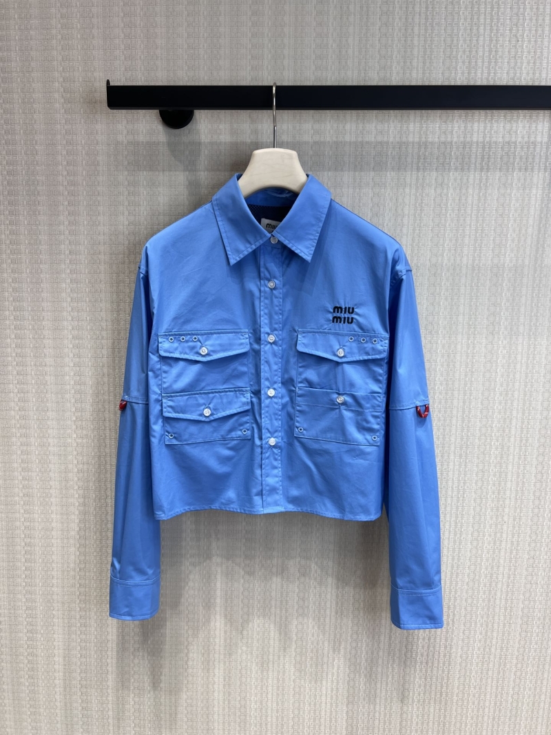 Miu Miu Klein Blue Poplin Cropped Utility Shirt - Signature Logo and Multi-Pocket Design