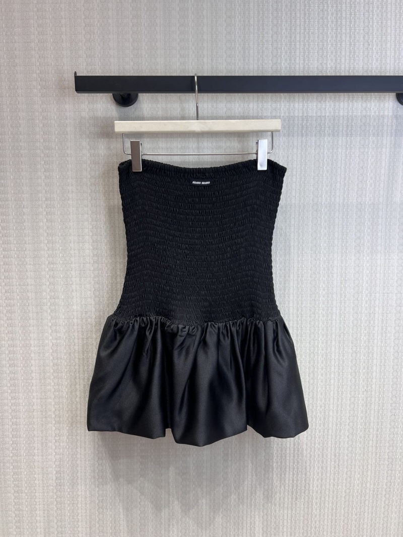 Miu Miu 26Ss Smocked Satin Bubble Hem Strapless Mini Dress in Black