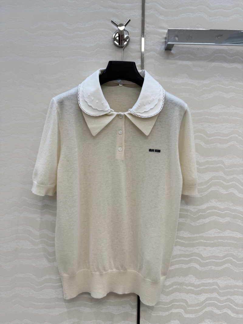 Miu Miu 100% Imported Wool Knit Polo with Detachable Linen Embroidered Collar