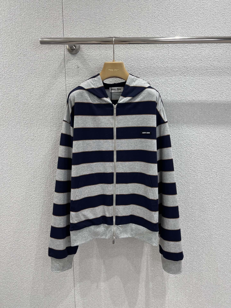Miu Miu Striped Cotton-Blend Zip-Up Hoodie in Navy and Heather Gray