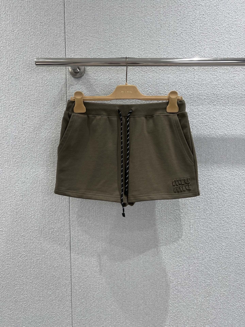 Miu Miu Olive Green Drawstring Cotton Shorts - Tonal Logo Embroidery