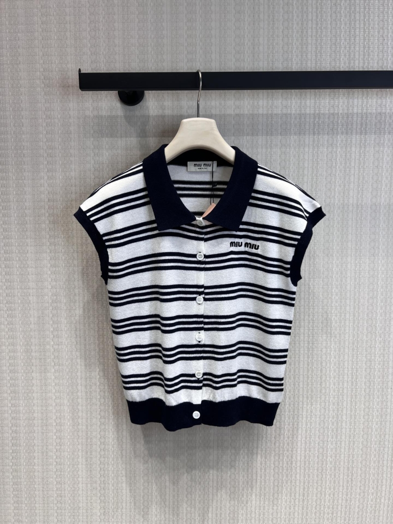 Miu Miu Striped Polo Knit Vest Cardigan in Navy and White
