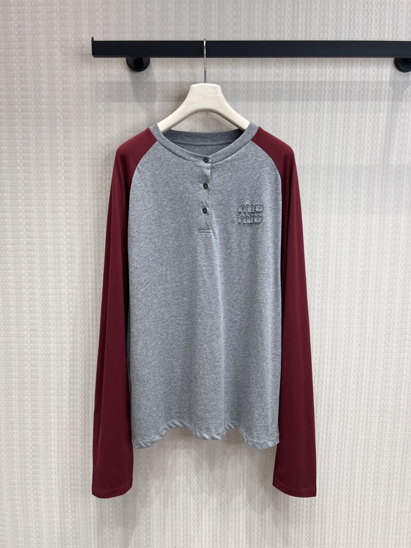 Miu Miu Raglan Henley Shirt - Tonal Logo Embroidery Jersey Knit - Gray/Burgundy