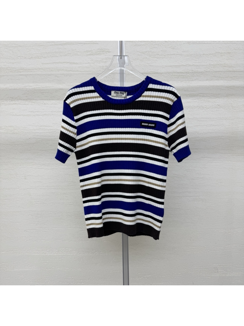 Miu Miu Striped Ribbed Knit Short Sleeve Top - Royal Blue and Black Contrast