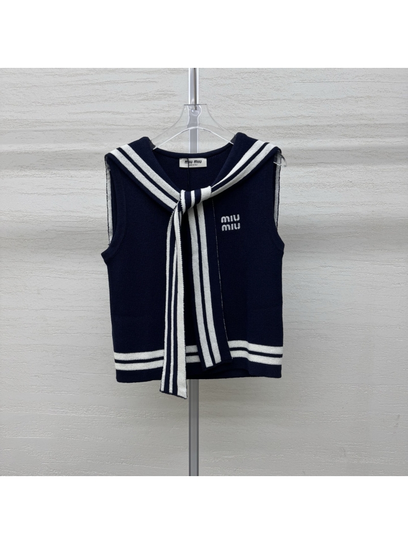 Miu Miu Sailor Collar Ribbed Knit Vest in Navy Blue