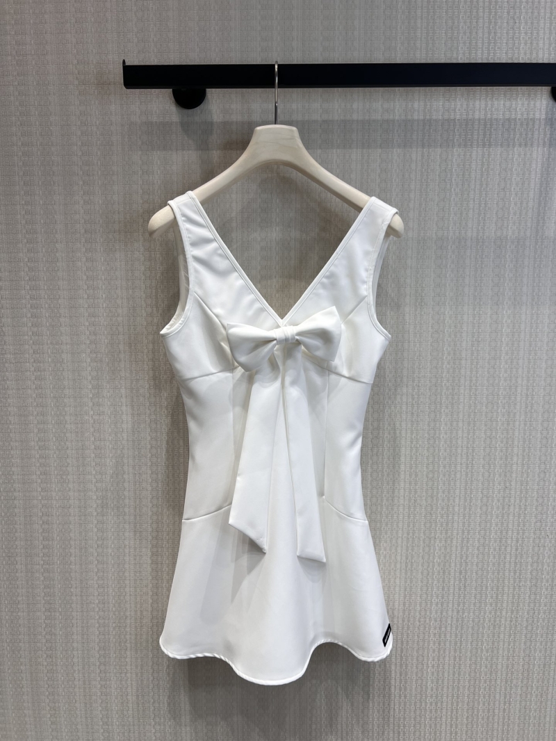 Miu Miu Signature V-Neck Oversized Bow Sleeveless Mini Dress in Milk White