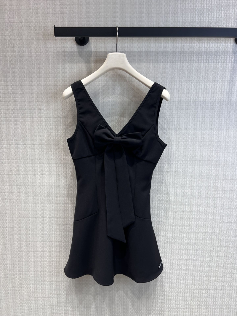 Miu Miu V-Neck Bow-Knot Sleeveless Mini Dress - Exquisite High-Waist Fishtail Design in Classic Black