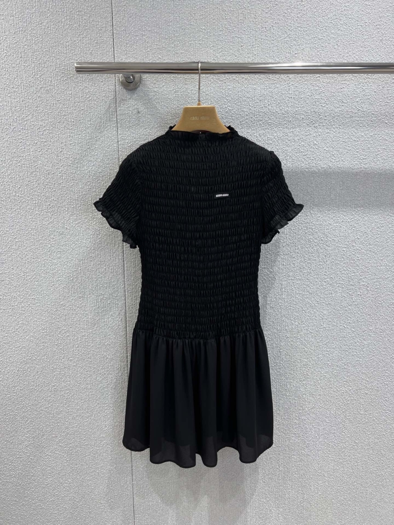 Miu Miu Georgette Smocked Mini Dress in Black