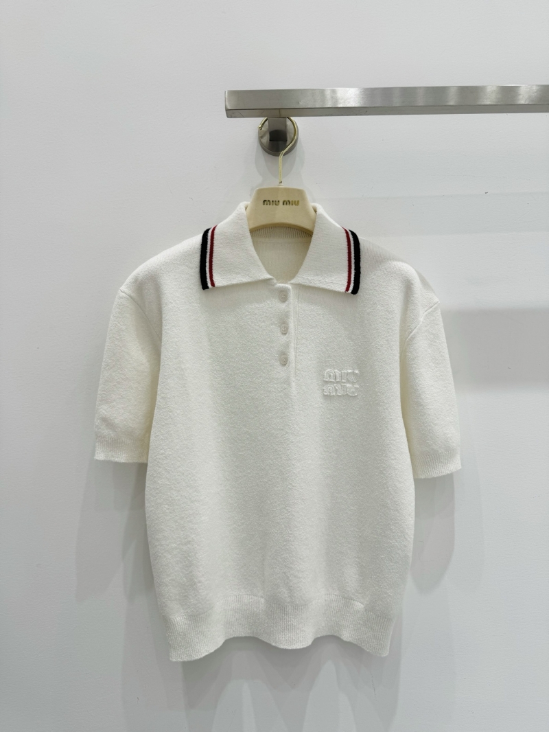 Miu Miu Signature Embroidered Knit Polo Shirt in Cream Ivory