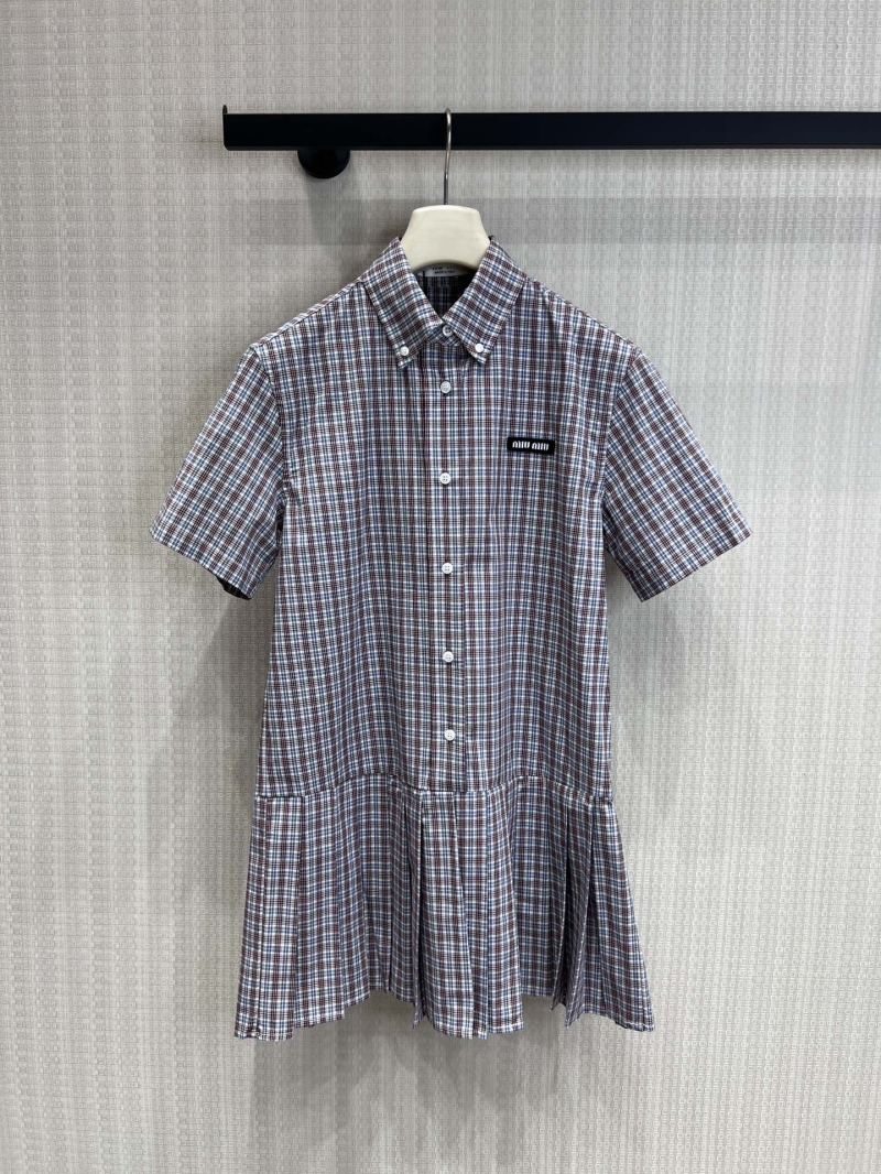Miu Miu Plaid Logo-Embroidered Pleated Shirt Dress