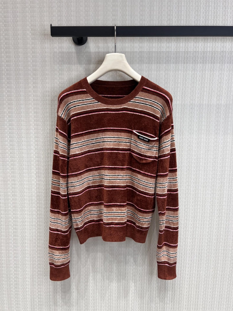 Miu Miu Contrast Stripe Velvet-Texture Crewneck Knit Top in Caramel Brown