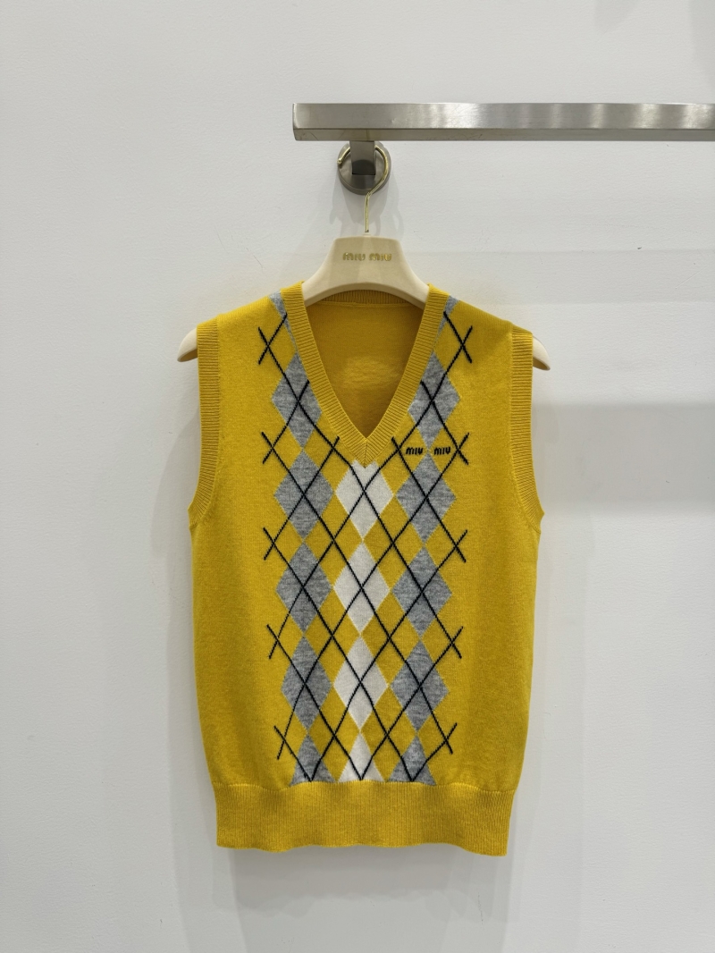 Miu Miu Argyle Cashmere V-Neck Sweater Vest in Mustard Yellow