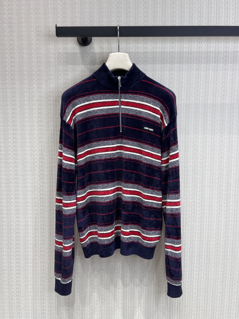 Miu Miu Flannel Striped Half-Zip Pullover Sweater in Navy, Red, and White