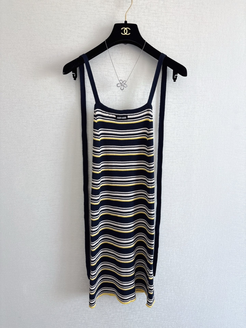 Miu Miu Striped Backless Knit Mini Dress in Navy, Yellow, and White