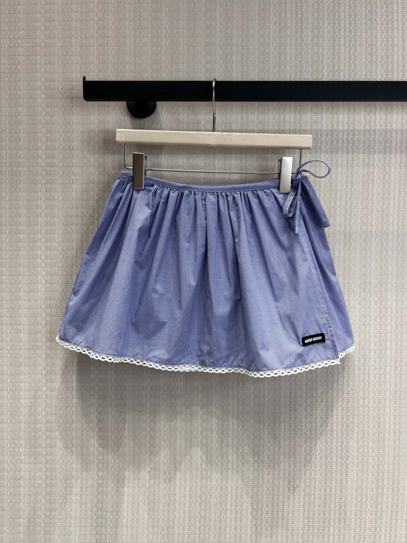 Miu Miu Blue Gingham Lace-Trim Mini Skirt - Exquisite Micro-Check Flared Design