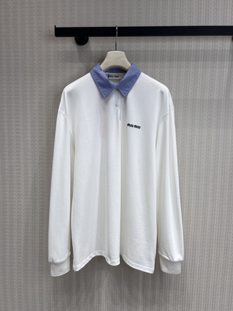 Miu Miu Long-Sleeved Pique Polo Shirt with Gingham Collar - Retro Preppy Oversized Fit in Milk White