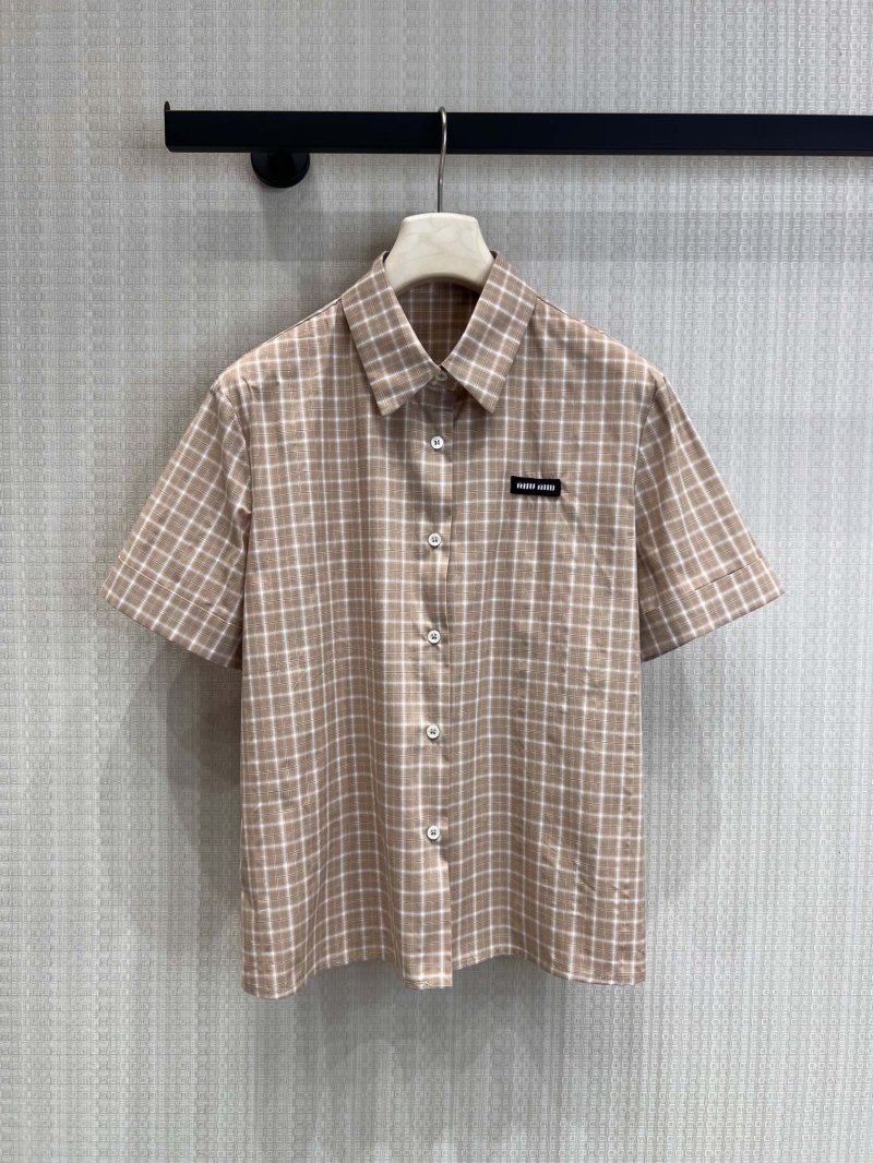 Miu Miu Khaki Plaid Short-Sleeved Shirt - Preppy Relaxed Fit Cotton Blouse