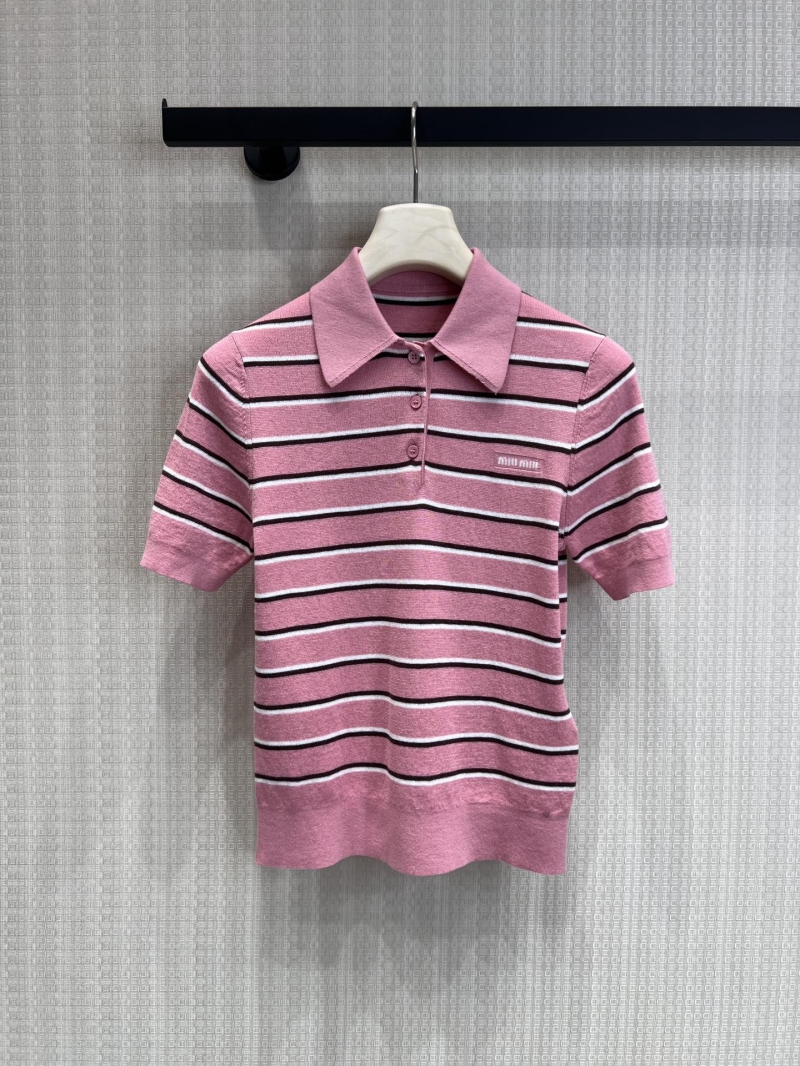 Miu Miu Striped Cotton Polo Knit Sweater in Bubblegum Pink