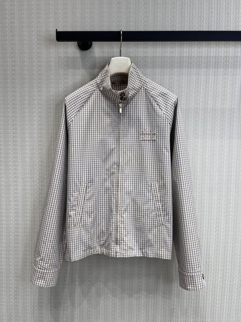 Miu Miu Beige Plaid Short Stand-Up Collar Zip-Up Jacket - Low-Saturation Check with 3D Logo