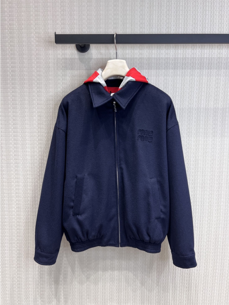 Miu Miu Detachable Hooded Wool Bomber Jacket in Navy Blue - 26Ss Spring/Summer Collection