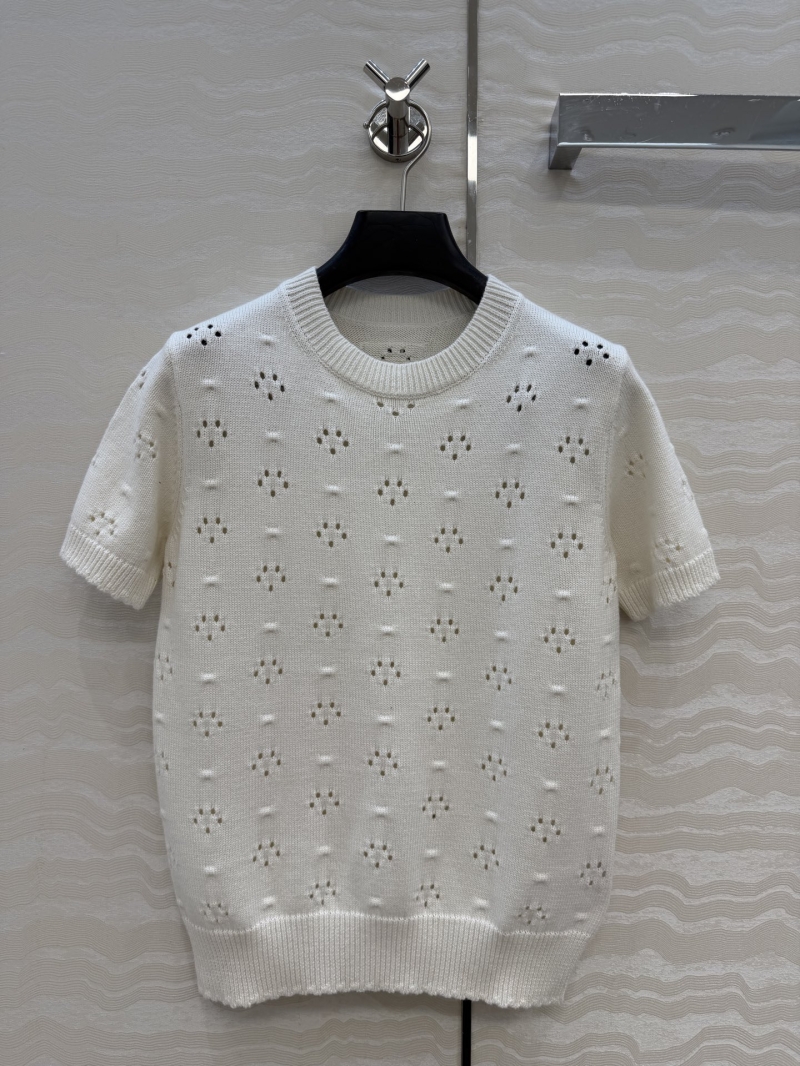 Miu Miu Exquisite 18-Gauge Pure Cotton Pointelle Knit Short-Sleeved Top