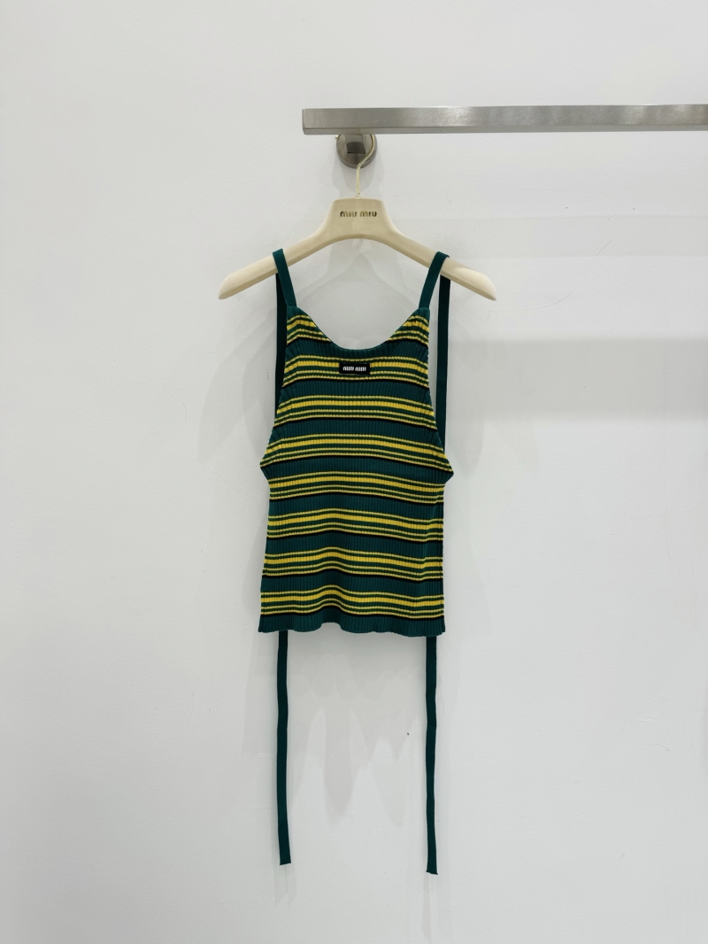 Miu Miu Striped Ribbed Knit Cropped Camisole with Tie Details