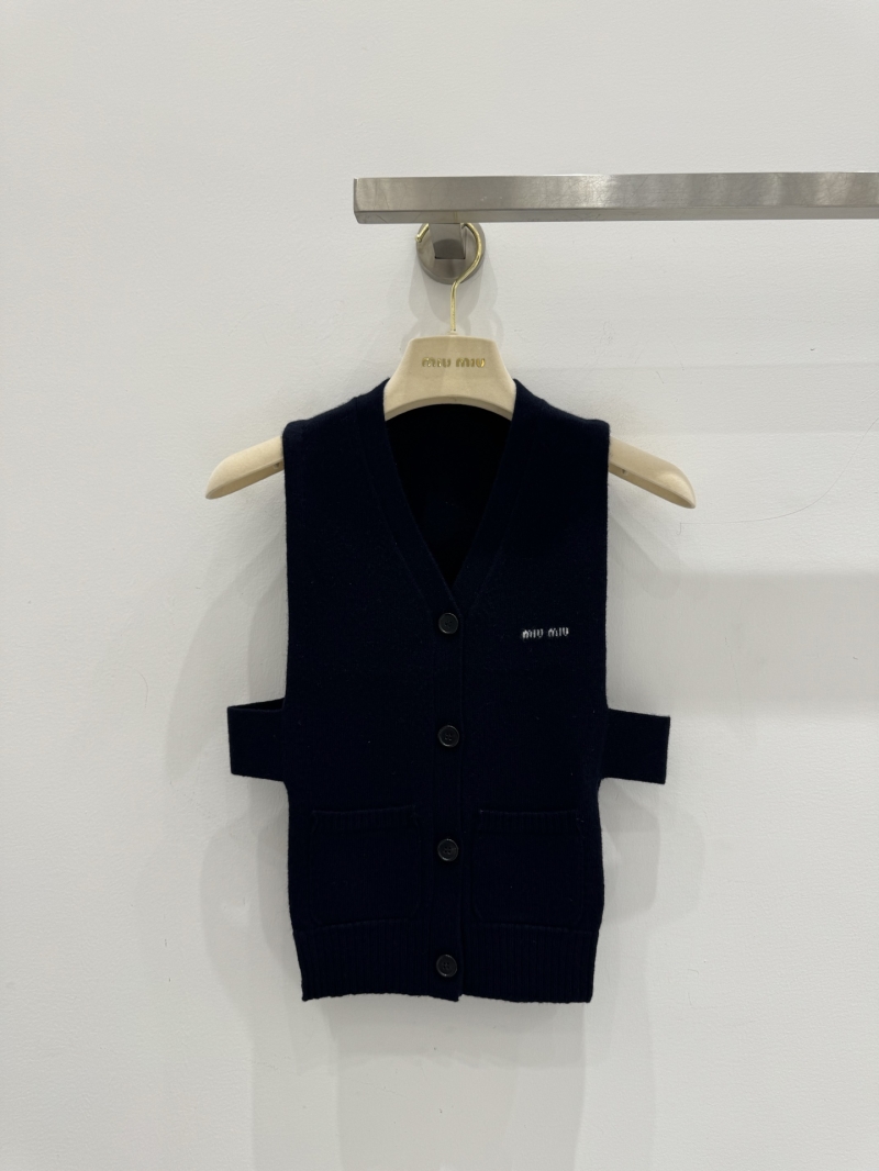 Miu Miu Navy Blue Cashmere Open-Side Knit Waistcoat with Signature Embroidery