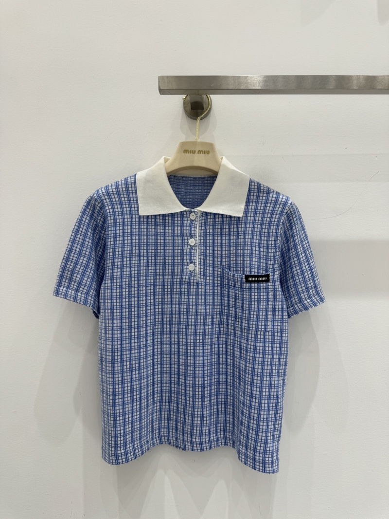Miu Miu Cashmere and Silk Grid Knit Polo Shirt in Blue and White