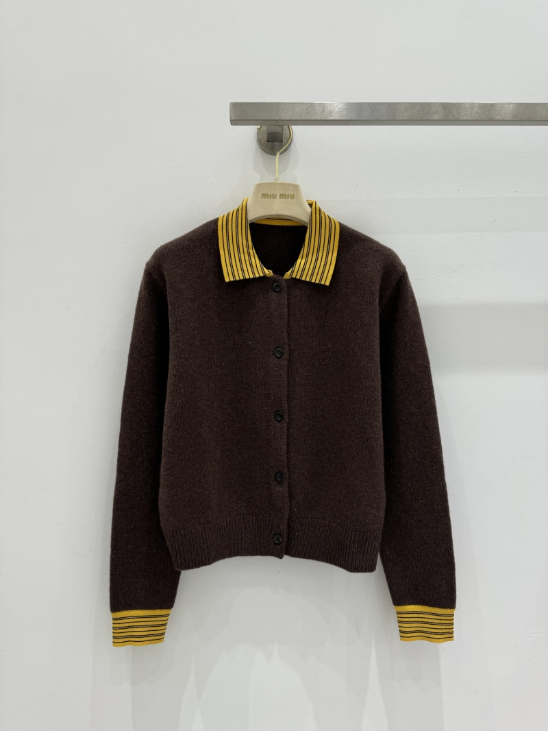 Miu Miu Contrast Striped Collar Cashmere Cardigan - Chocolate Brown