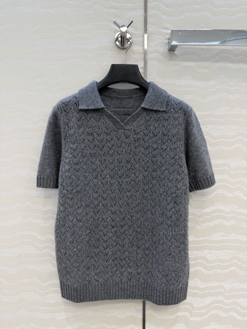 Miu Miu 100% Sheep Cashmere 18-Gauge Pointelle Knit Polo Top in Heather Grey