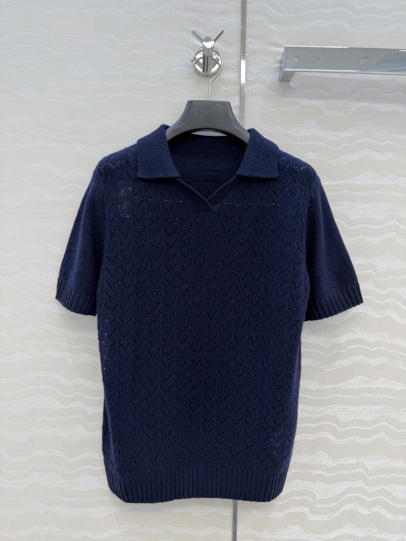 Miu Miu 100% Cashmere Pointelle Knit Polo Top in Navy Blue