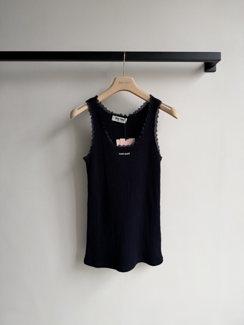 Miu Miu Embroidered Logo Ribbed Knit Tank Top with Lace Trim - Navy Blue