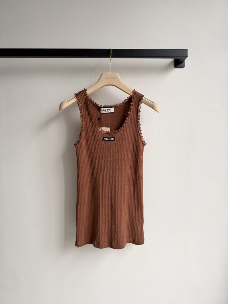 Miu Miu Lace-Trimmed Pointelle Ribbed Knit Tank Top in Terracotta