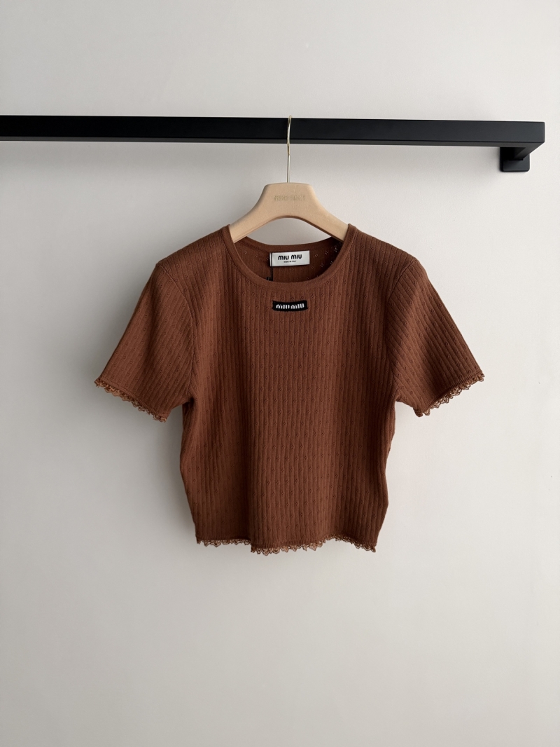 Miu Miu Lace-Trimmed Pointelle Knit Cotton Top in Terracotta Rust