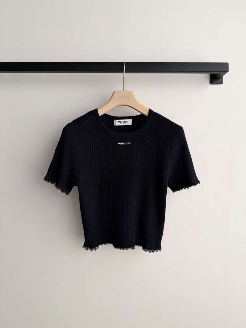Miu Miu Dark Navy Ribbed Knit Lace Trim Top - Exquisite 16-Needle Cotton Short Sleeve