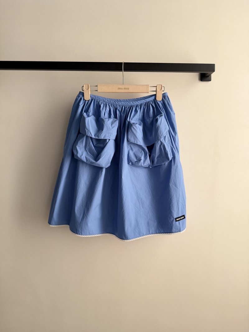 Miu Miu Cotton Poplin Cargo Skirt with Lace Trim in Cornflower Blue