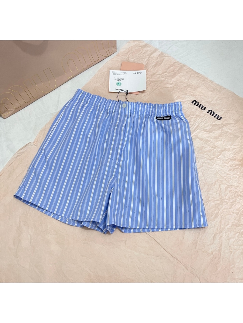 Miu Miu Striped Cotton Poplin Boxer Shorts in Sky Blue and White