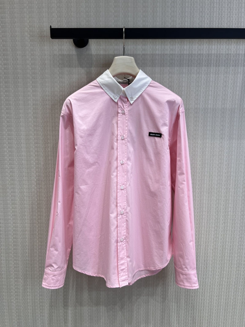 Miu Miu Polished Pastel Pink Contrast Collar Cotton Shirt - Signature Micro Logo Relaxed Fit