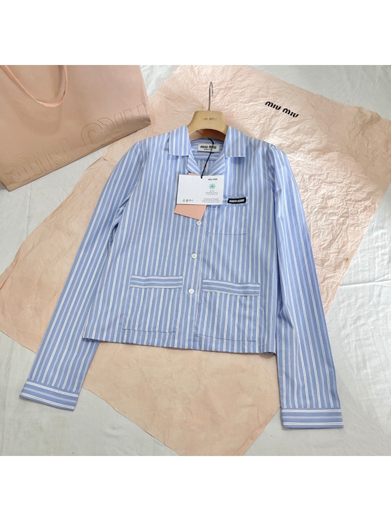Miu Miu Striped Cotton Poplin Shacket in Light Blue