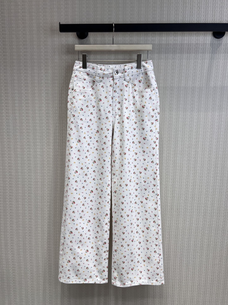 Miu Miu Floral High-Waisted Wide-Leg Denim Trousers in Off-White Cream