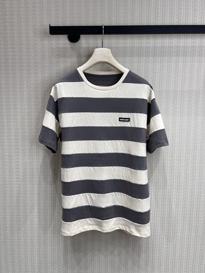 Miu Miu Striped Cotton T-Shirt in Charcoal Grey and Ivory - SS26 Signature Relaxed Fit