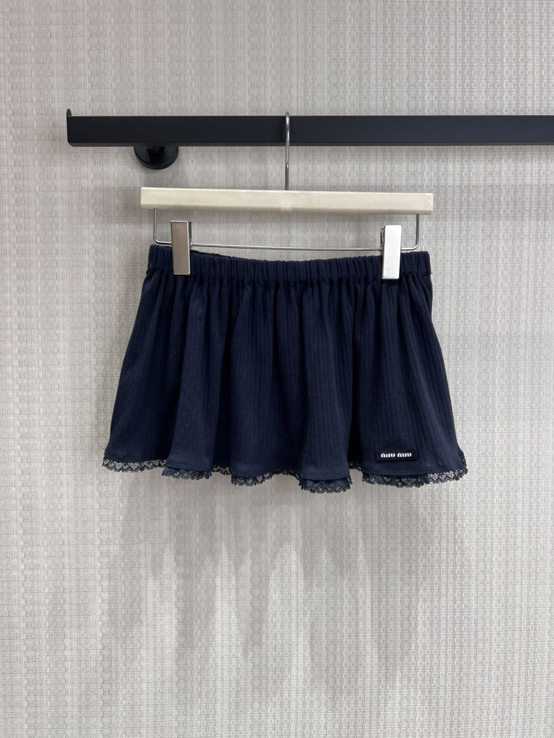 Miu Miu Navy Blue Ribbed Mini Skirt with Delicate Lace Trim