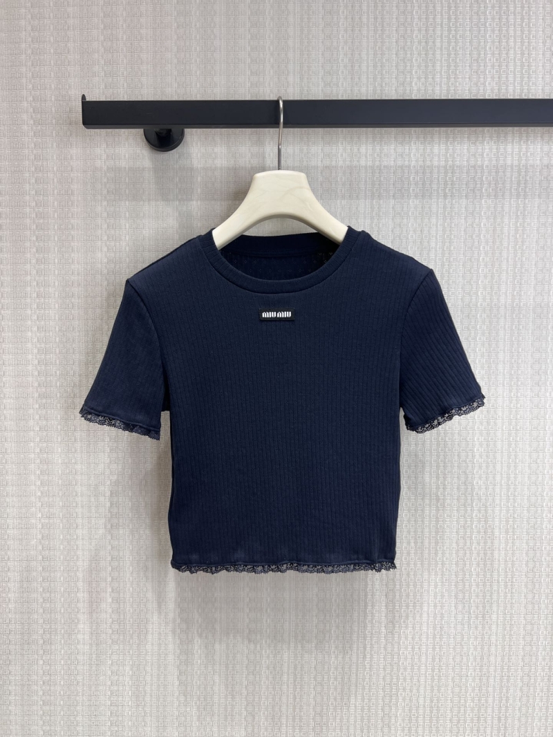 Miu Miu Lace Trim Ribbed Knit Baby Tee - Navy Blue