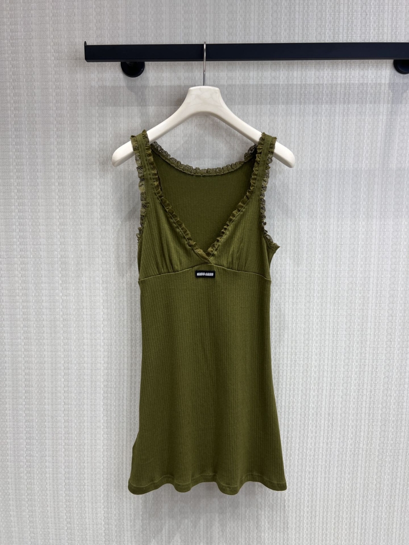 Miu Miu Ribbed Knit Lace-Trimmed Mini Dress in Olive Green