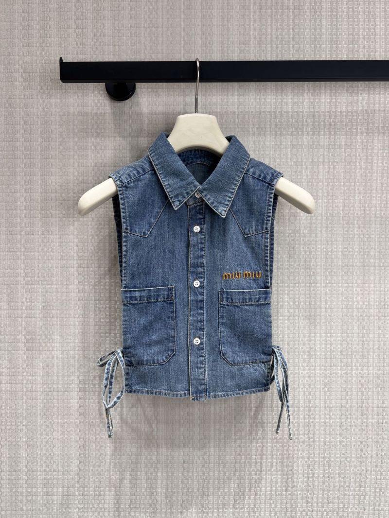 Miu Miu Embroidered Denim Vest in Vintage Blue - Retro Side-Tie Sleeveless Top